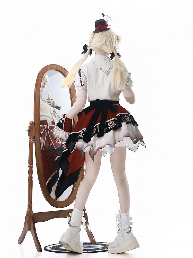 Red Black Juliette Sleeves Preppy Lolita Blouse Asymmetric Skirt Set - Unknown Star