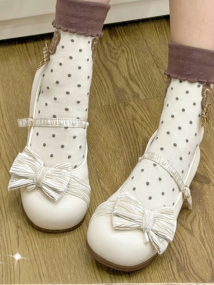 Top Buckle Toe Creamy Shoes Beaded Bow Decorated Lolita White Heart Round at