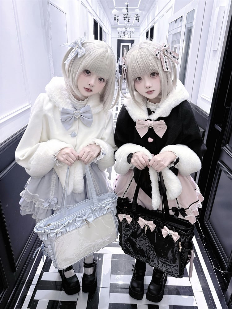 in / Cape Hooded Plush with Trimmed Bow Kei Accents Black Blue Jirai White Applique Pink Sweetheart