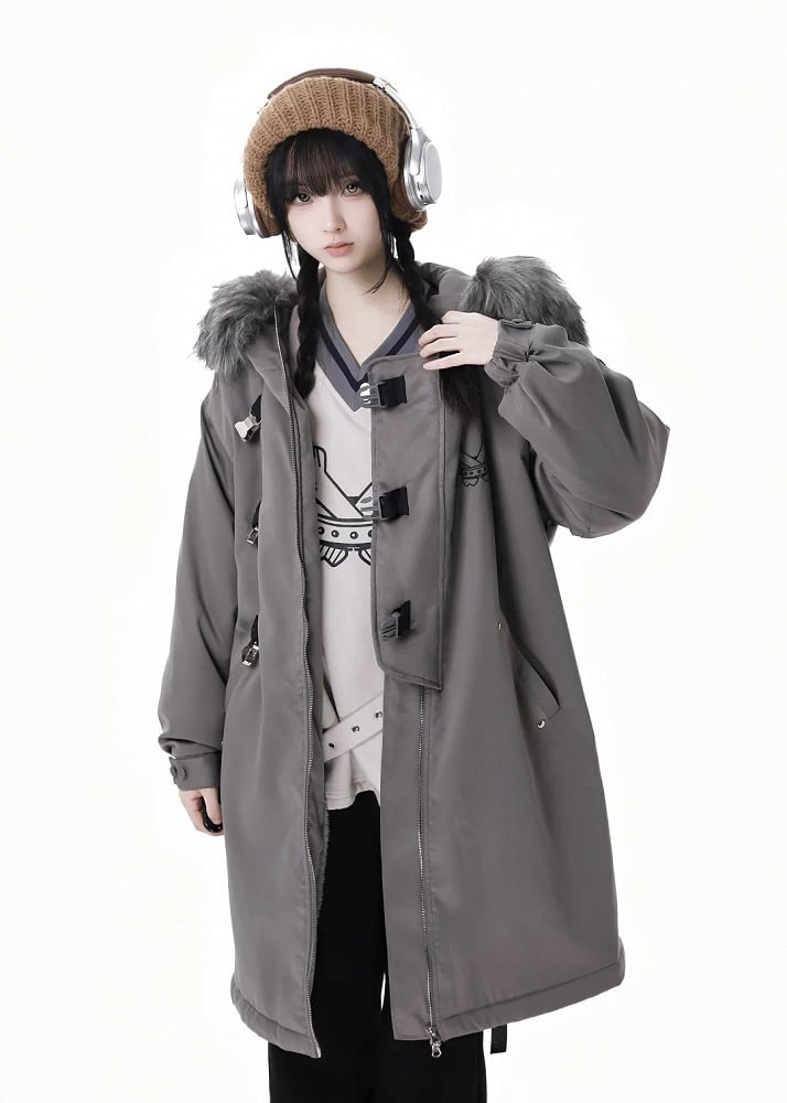 袖に星のアップリケが付いたフェイクファーカラーのグレーコート