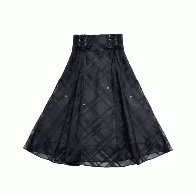 Überlagerter Karomuster an der Taille und schwarzer Jirai Kei-Rock mit Schnürung