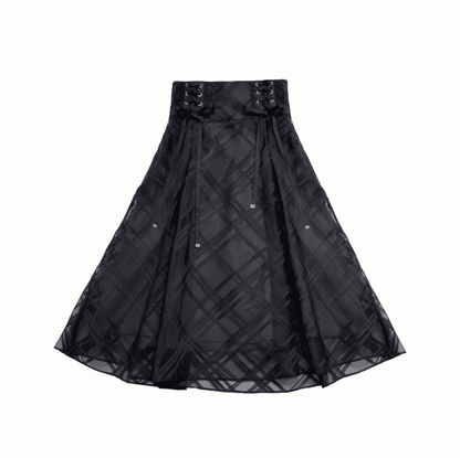 Überlagerter Karomuster an der Taille und schwarzer Jirai Kei-Rock mit Schnürung