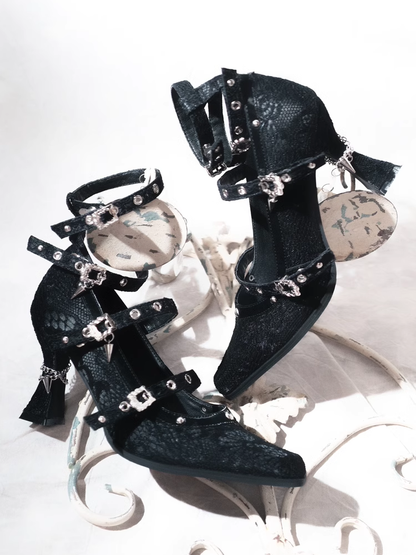 Gothic Black Pointed Toe  Lace 8.5cm High Heels Multiple Buckle Straps