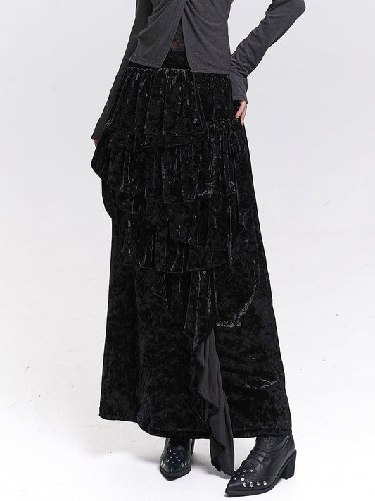 Black / Brown Velvet Maxi Skirt with Asymmetric Pleats and Cascading Ruffle Trim