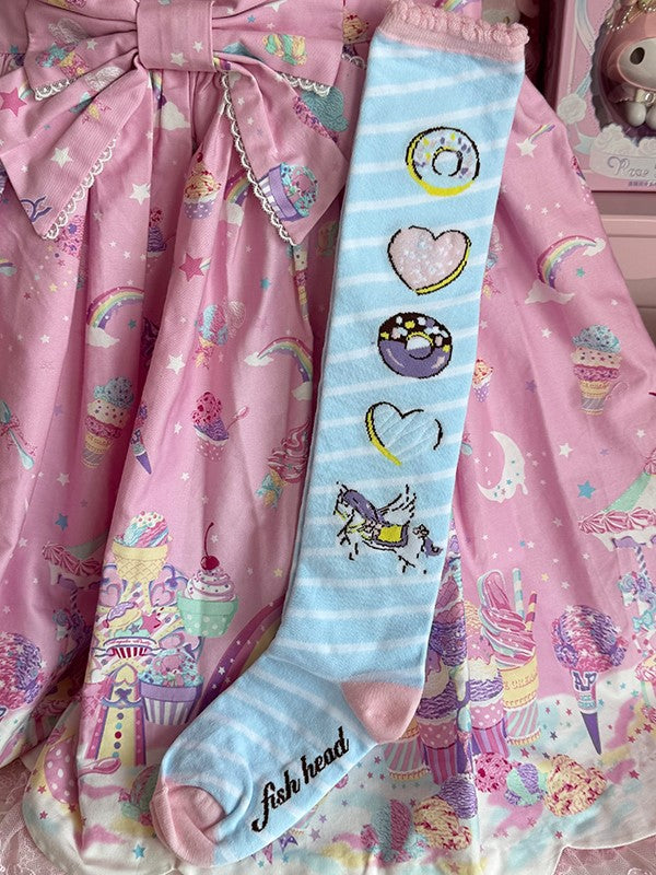 Over Striped Knee Donut Unicorn Pattern Print Lolita Pink/Yellow/Blue/Purple Stockings
