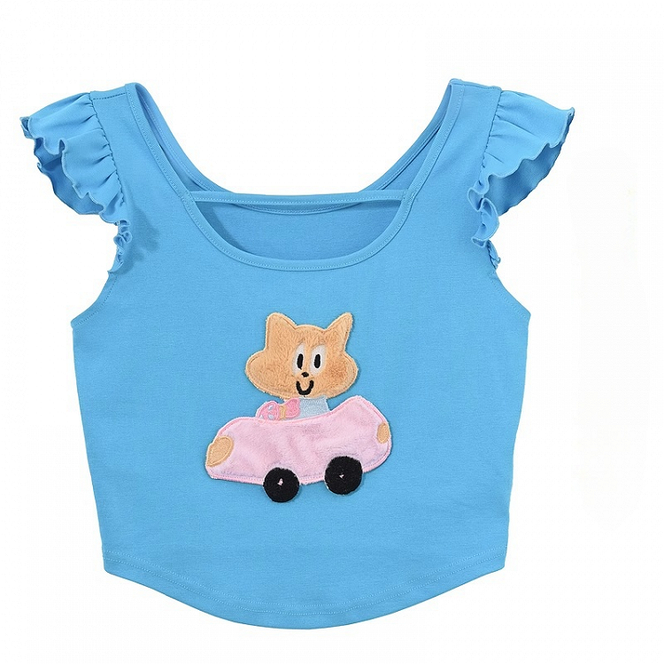 Free Kitty Applique Flatterärmel Top Blau Süße Halskette mit