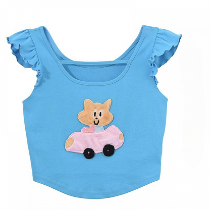 Free Kitty Applique Flatterärmel Top Blau Süße Halskette mit