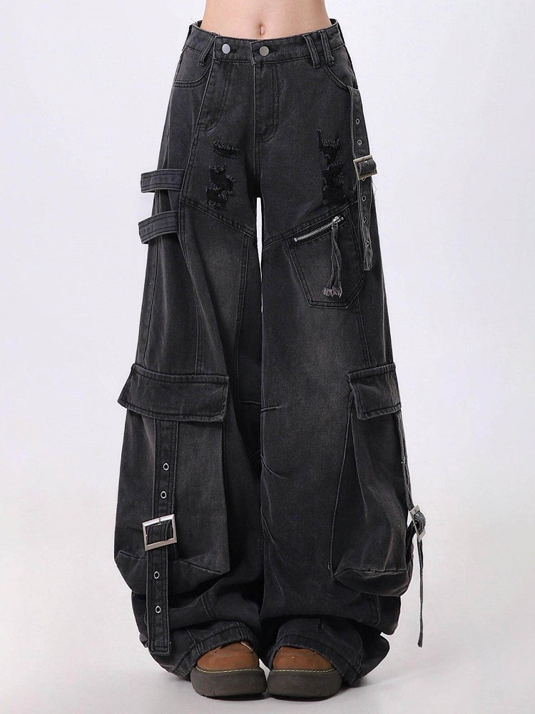Washed Black Distressed Cargo Jeans with Metal Buckle - Rayohopp