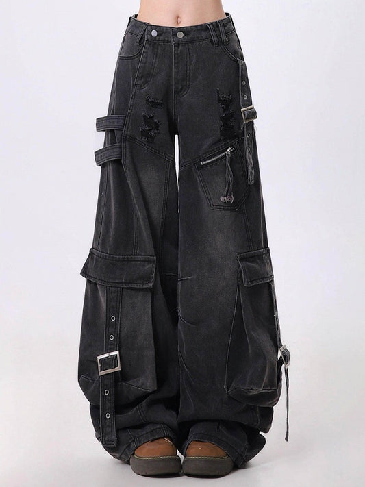 Washed Black Distressed Cargo Jeans with Metal Buckle - Rayohopp