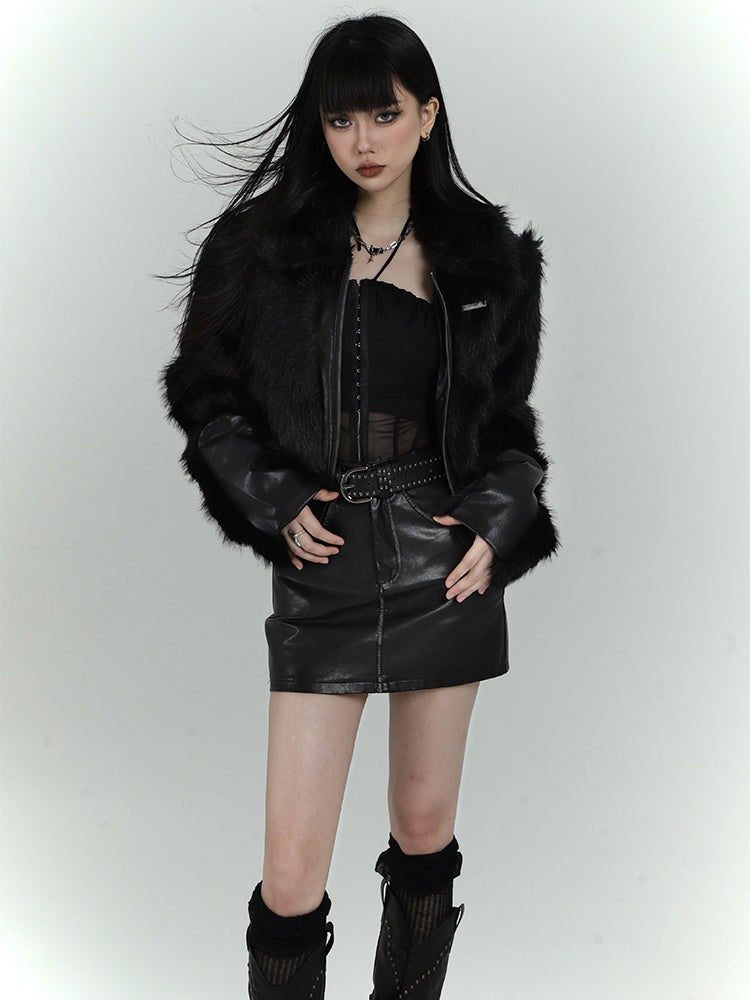 Black Zip Closure Shaggy PU Jacket