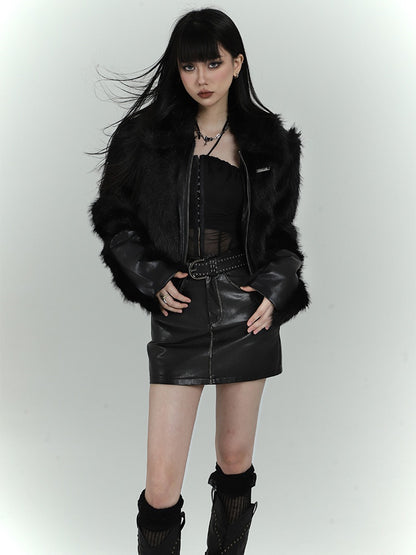 Black Zip Closure Shaggy PU Jacket