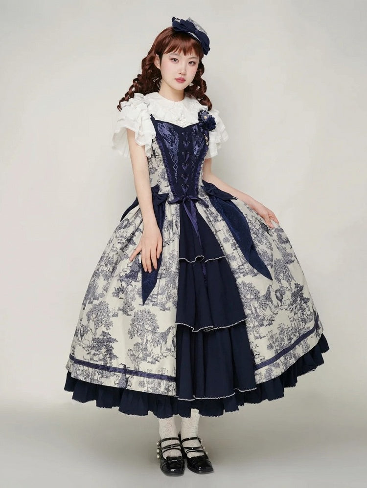 Bodice Forest Elegant Dress and Dark Corset Animals Lolita with Print Blue