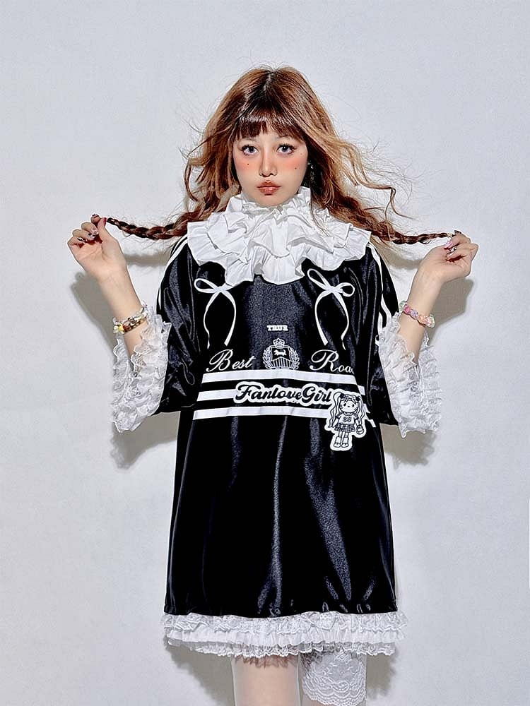 Top Bowknots Tiered Sleeve with and Collar Short Jersey-Style Black Detachable