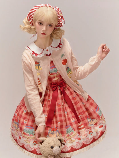 Aprikosenfarbene Strickjacke mit langen Ärmeln und Dessert-Print