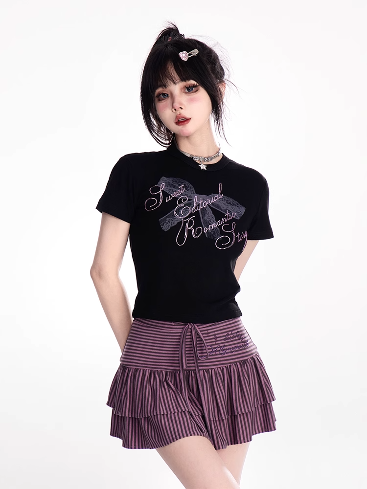 Neck Strass Spitze Bowknot Print Schwarz T-shirt Lila Brief Crew