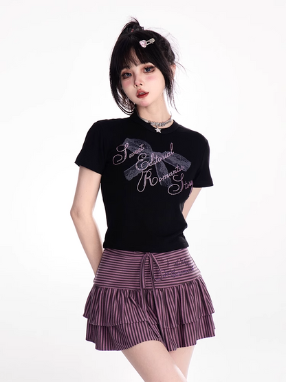 Neck Strass Spitze Bowknot Print Schwarz T-shirt Lila Brief Crew