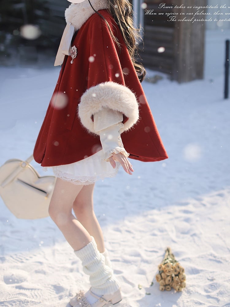 Red Wool Cape Coat with Shaggy Collar and Cuffs