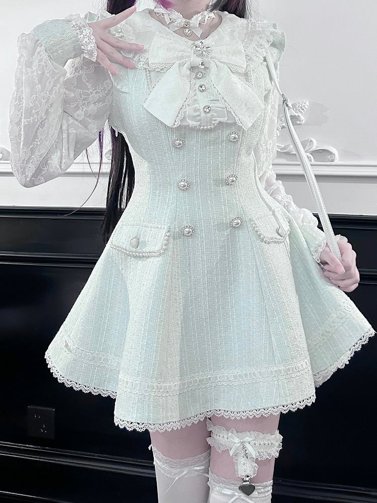 Tweed Shorts Long-Sleeve Matching Lace Kei Blue Fresh Light Dress Jirai + Set