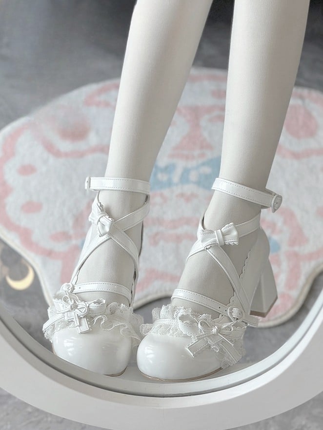 White Dreamy Lolita Mid-Heel Shoes - Ruffled Lace & Bow