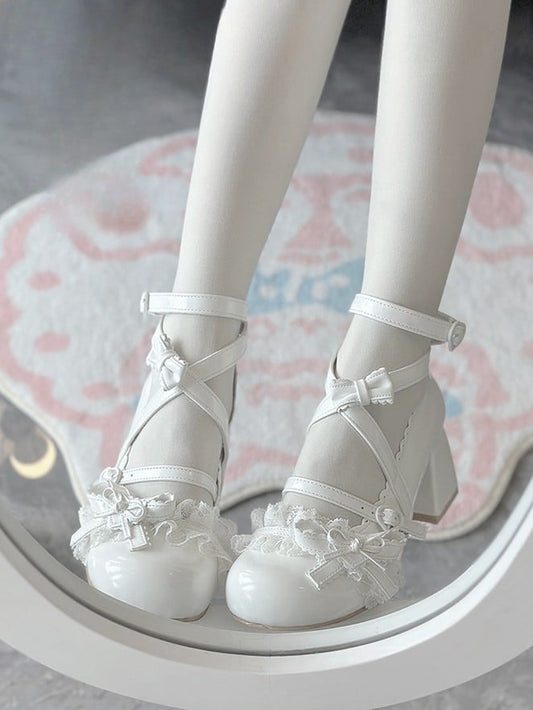 Shoes Dreamy Lace – Mid-heel White Ruffled Lolita