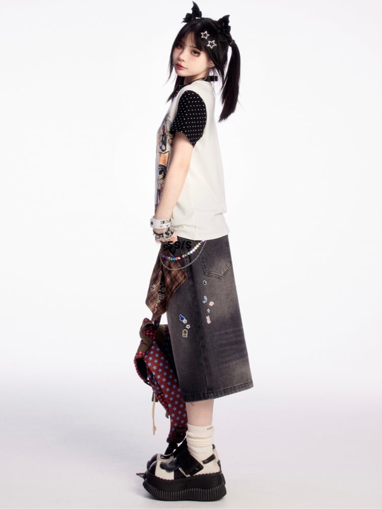 ブラック＆デザイン Y2K 漫画プリント Tシャツ カラーブロック ホワイト