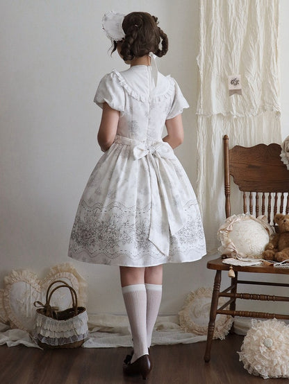 White and Piece Bodice Short Bowknot One Floral Embroidery Classic Version Lolita