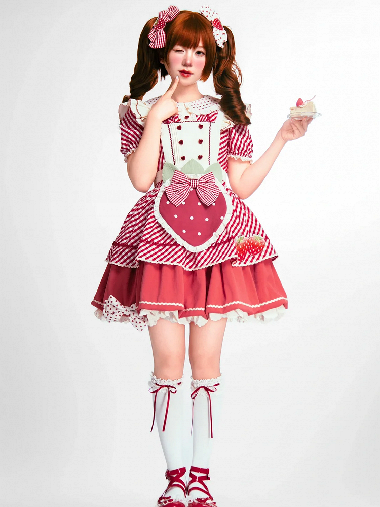 Dress with Plaid Lolita Collar Peter Pattern Strawberry Pan Sweet Pink Apron