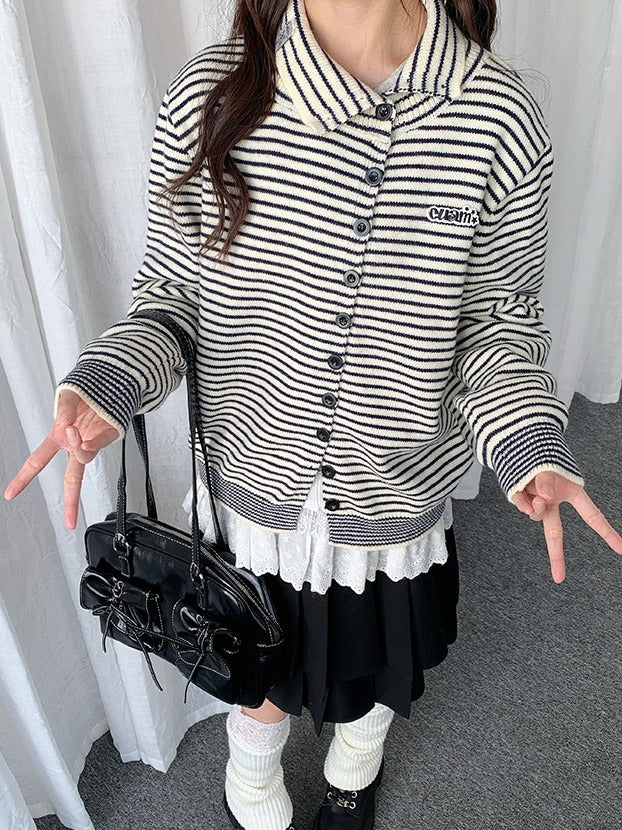 Black White Striped Asymmetrical Cardigan - Solkatt