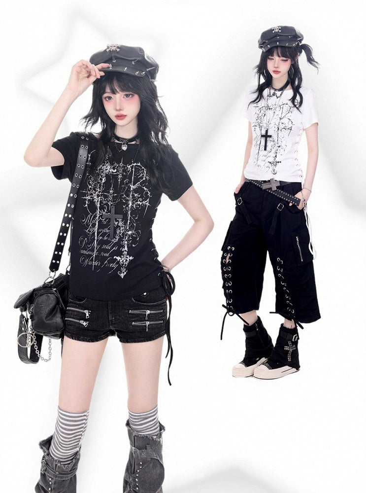 White Tee with Side Drawstring and Dark Print - KNOW8 Online Shop