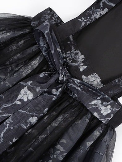 Black Floral Embroidery Flutter Sleeve Lace Trim Lolita Overlay Dress with Bow - Yimu Walnut