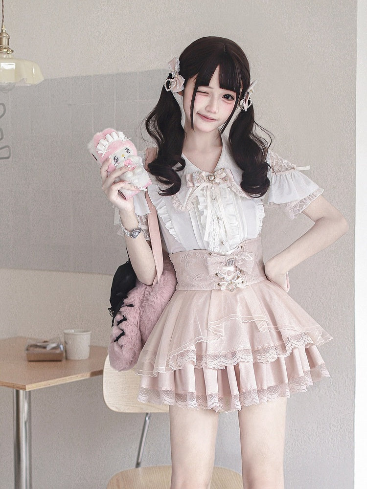 Landmine Style Pink & White Lace Cutout Shoulder Short Sleeve Blouse with Ruffle Details - Ekomi