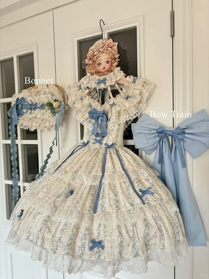 with Neck Lolita Halter Bowknots Dress Print Hime Trim Floral and Lace Blue White