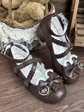 Bow Ear Snap Heels Plush Edge Lolita - Adjustable Heart Low Decor Sweet Scalloped Bear Brown with Top