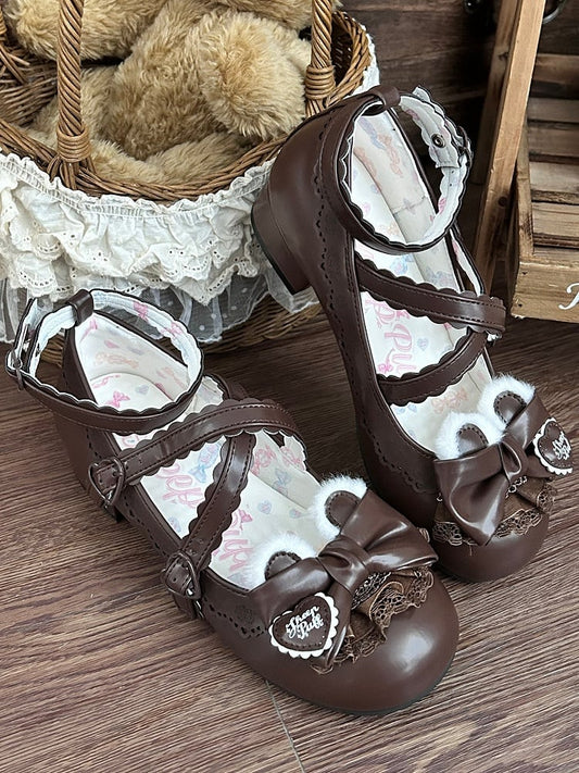 Bow Ear Snap Heels Plush Edge Lolita - Adjustable Heart Low Decor Sweet Scalloped Bear Brown with Top