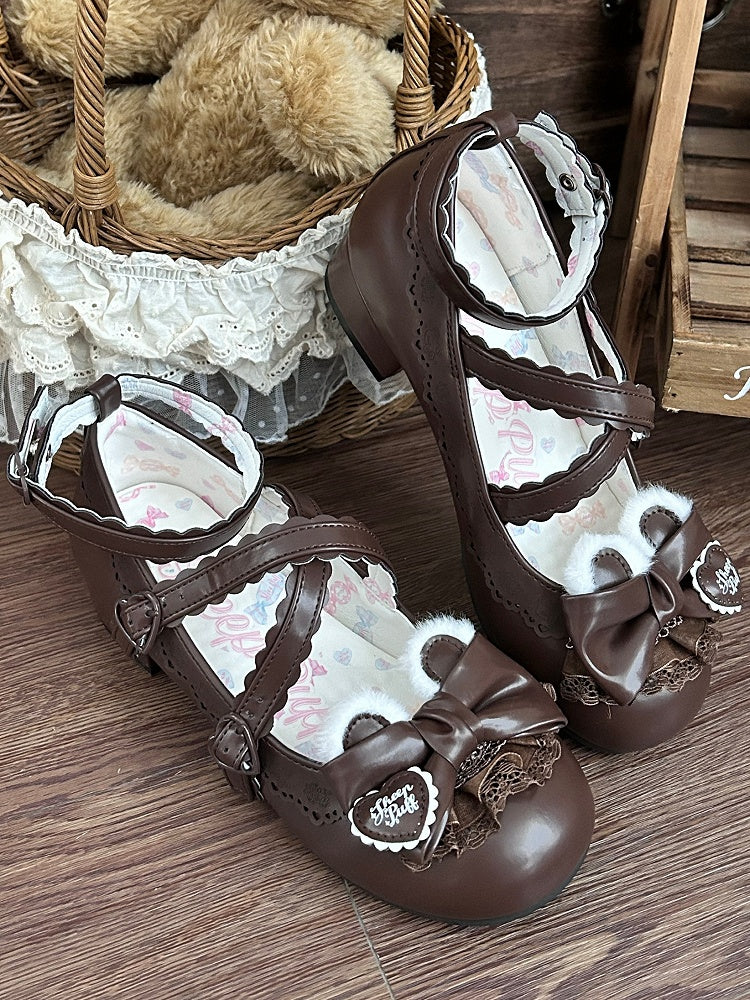 Scalloped Lolita Decor Adjustable Sweet Bow Ear Brown Heart - with Top Edge Snap Bear Plush Low Heels