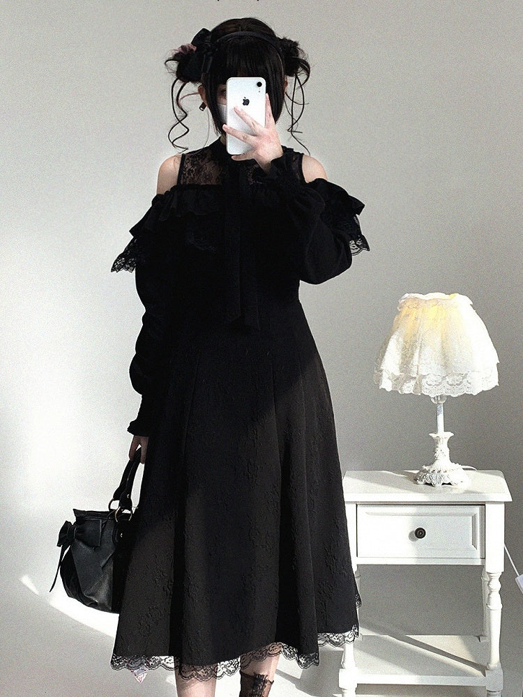 Dress Shoulder Kei with Jacquard Long-Sleeve Rose and Lace Cutout Ruffled Black Jirai Bow