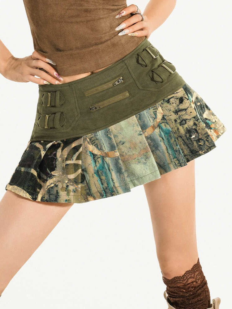 Built-in Shorts Y2K with Denim Skirt Suede Green Patchwork A-Line