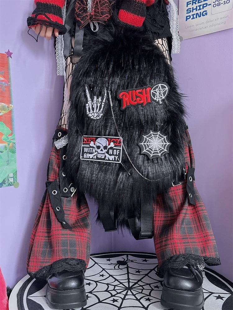 ブラックスケルトンアップリケパンクシャギーバックパック