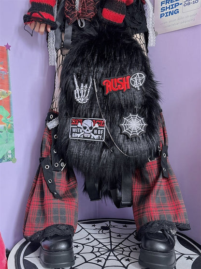 ブラックスケルトンアップリケパンクシャギーバックパック