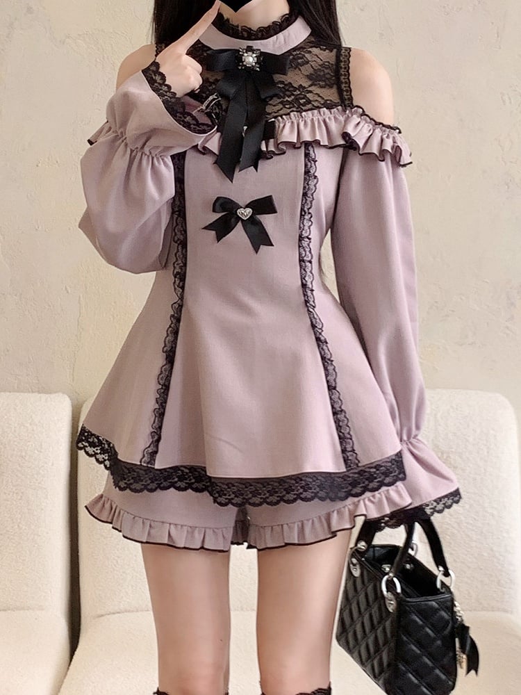 イリュージョンスカートネックラインカットアウトショルダーヘムショーツミニドレスジライケイブラックフリルセットパープル