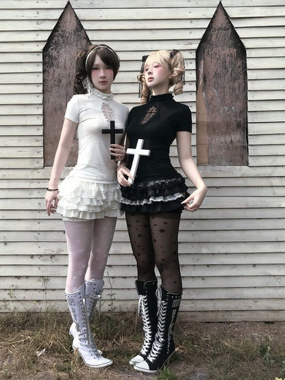 Gothic Black/White Mock Neck Coffin-Shaped Cutout T-Shirt