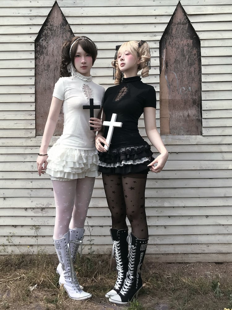 Skort Clearance Lace Size Elastic Trim Bloomers Waist Black Cross - for Gothic 58-74cm Tiered