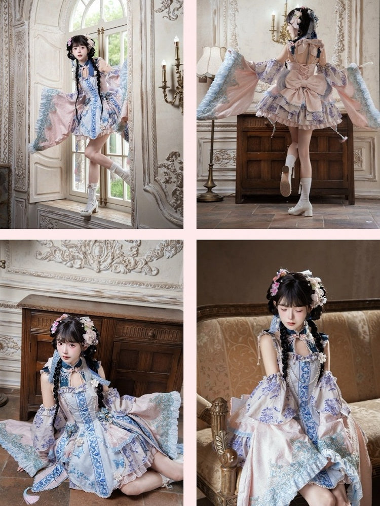 Porcelain Theme Qi Lolita Short Skirt Dress Set with Floral Print - Your Highness