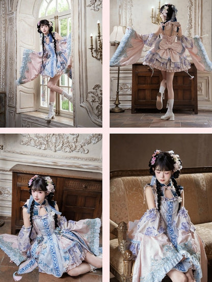 Porcelain Theme Qi Lolita Short Skirt Dress Set with Floral Print - Your Highness