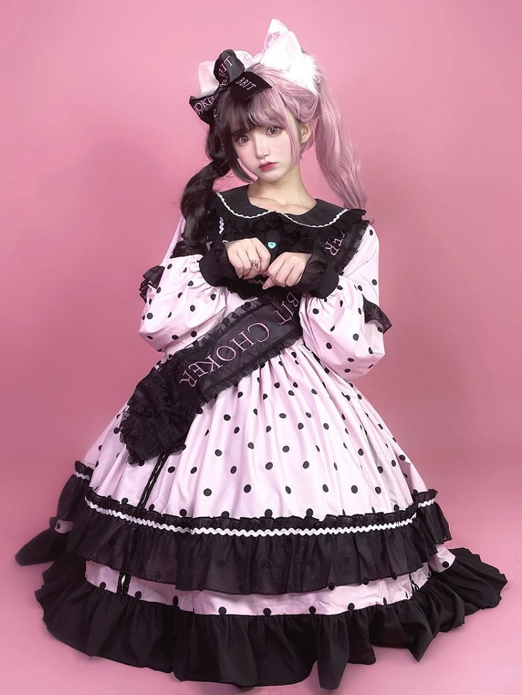 Lolita Dot Cute Long with Black Ruffle Sleeve Polka Dress Pink Details OP