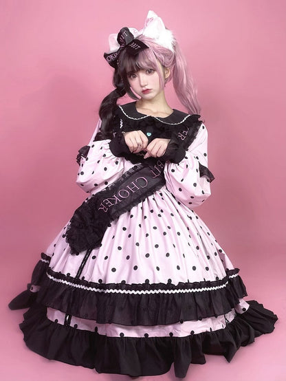 Lolita Dot Cute Long with Black Ruffle Sleeve Polka Dress Pink Details OP