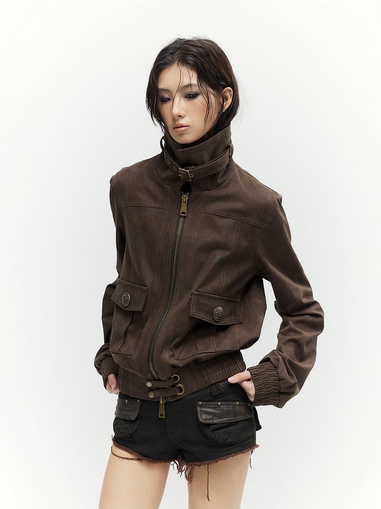 Buckle Vintage Mock Long Accents Brown Neck Sleeve Jacket -
