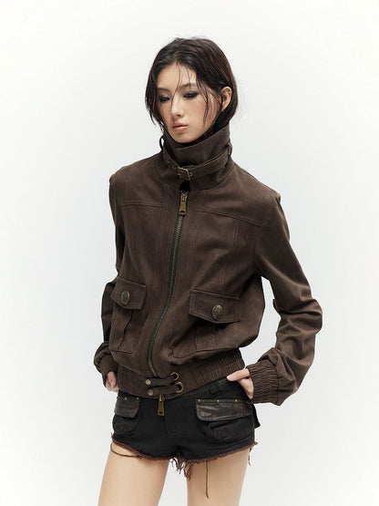Buckle Vintage Mock Long Accents Brown Neck Sleeve Jacket -