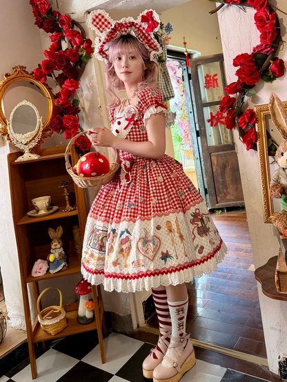 Süßes Lolita-Kleid mit rotem Teddy-Print, Dessert und Kirsch-Gingham