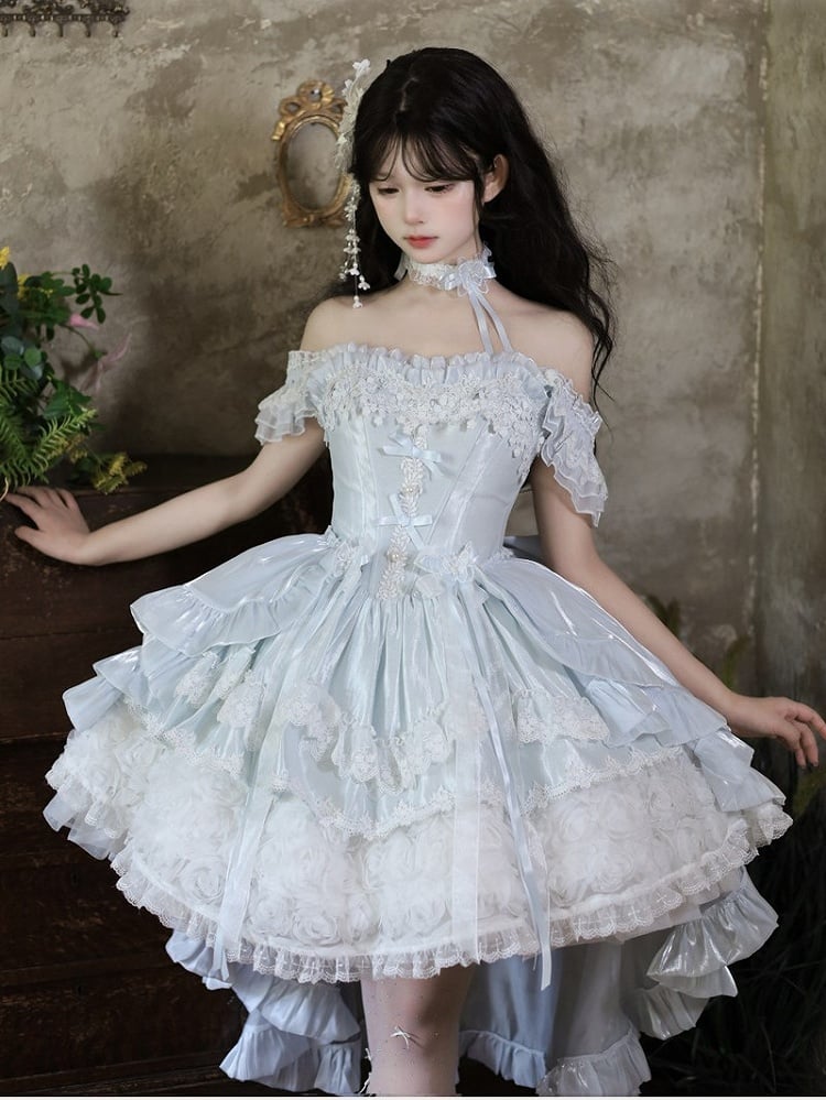 Hime Basque Flower Lace Layered Fluffy Lolita Dress Blooming with Blue Accents Waist | Sheer Ocean